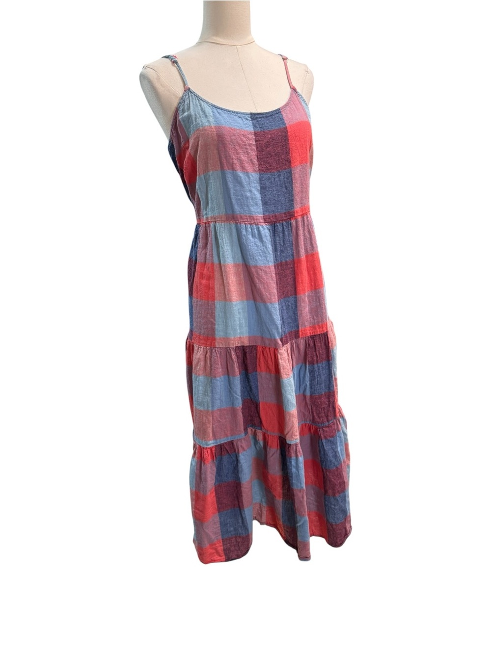 BeachLunchLounge Plaid Linen Cotton Tiered Midi Dress Size XXL Boho - Picture 5 of 8